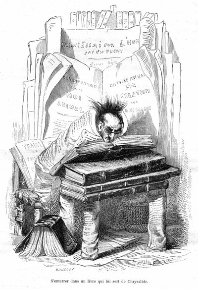 Cartone animato: Crisalide di uno studioso sepolto nei libri di una biblioteca - Incisione di Grandville, estratta dal libro 