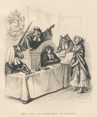 Gatta che si difende in un tribunale costituito da un unicorno, un gatto, un cane e un lupo. Vignette illustrate da JJ Granville. Incisione firmata Breviere nella parte intitolata "Pene di corte di una gatta inglese" scritto da Honoré de Balzac in "Scene d da Grandville