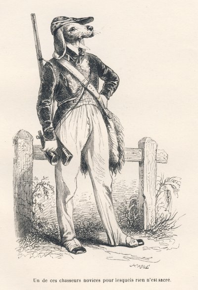 Cane in abiti da caccia. Vignette illustrate da JJ Granville. Incisione firmata Caque nella parte intitolata "Ricordi di una vecchia cornacchia" scritto da PJ Stahl in "Scene della vita privata e pubblica degli animali". Parigi, J. Hetzel e Paulin da Grandville