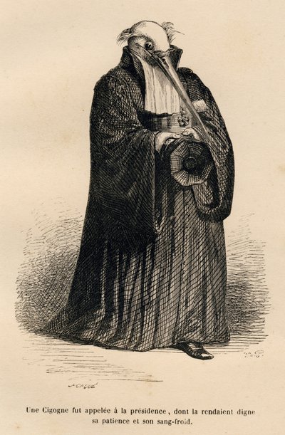 Cicogna in veste di giudice. Vignette illustrate da JJ Granville. Incisione firmata Caque nella parte intitolata "Corte criminale di giustizia animale" scritto da Emile de La Bedolliere in "Scene della vita privata e pubblica degli animali". Parigi, J. Het da Grandville