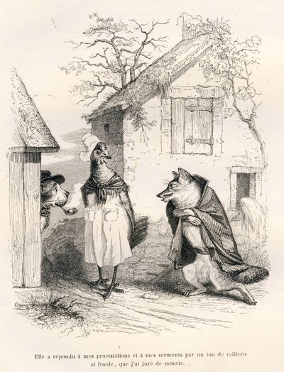 Conversazione tra un cane, una gallina e una volpe. Vignette illustrate da JJ Granville. Incisione firmata Godard nella parte intitolata "Un renard pris au piège" scritto da Charles Nodier in "Scènes de la vie privée et publique des animaux" da Grandville