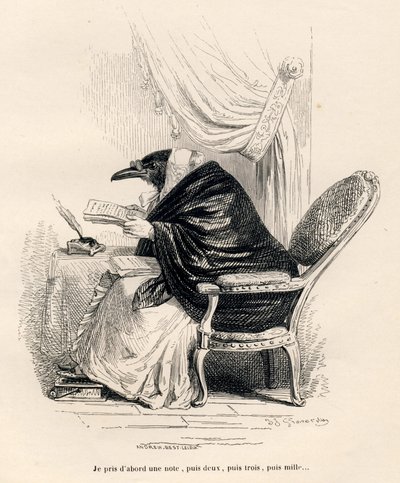 Corvo che scrive. Vignette illustrate da JJ Granville. Incisione firmata Andrew, Best e Leloir nella parte intitolata "Souvenirs d