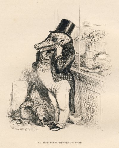 Coccodrillo vestito da dandy con una grossa pancia. Vignette illustrate da JJ Granville. Incisione firmata Breviere nella parte intitolata "Memoires d