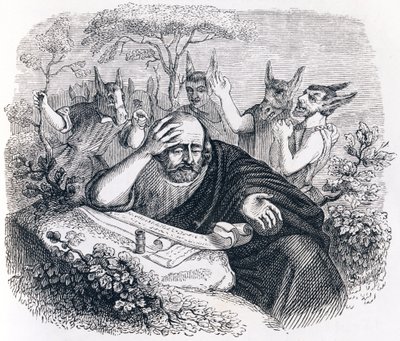 Democrito (460-370 a.C.) e gli Abderitani. (Lettera di Ippocrate) - Favole di La Fontaine da Grandville