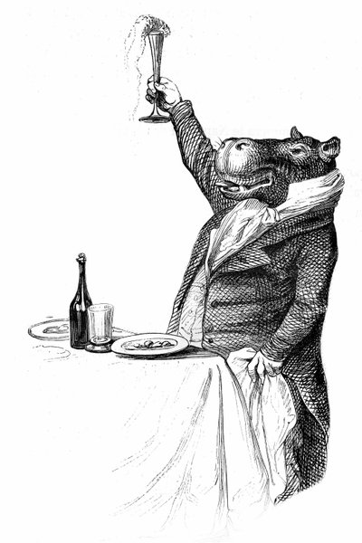 (dettaglio) Incisione di Grandville, estratta dal libro Vita privata e pubblica degli animali (Les animaux peints par eux-mêmes), edizione Hetzel 1867 - Ippopotamo mondano a tavola che alza il bicchiere e fa un brindisi da Grandville (1803 47)