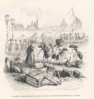 Formiche in piena attività sulle rive della Senna. Vignette illustrate da JJ Granville. Incisione firmata Porret nella parte intitolata "Viaggio di un passero di Parigi" scritto da George Sand in "Scene della vita privata e pubblica degli animali". Parigi da Grandville