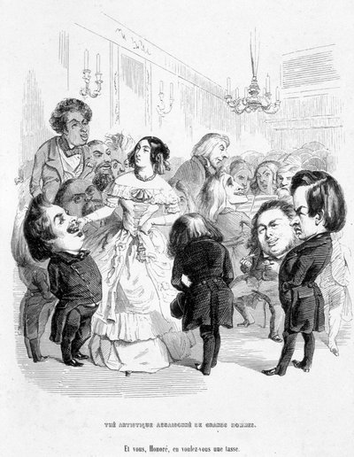George Sand (Aurore Dupin, Baronne Dudevant) (1804-1876) circondata da 4 scrittori: Eugene Sue, Honoré de Balzac, Franz Liszt e Victor Hugo - in "Alla ricerca di una posizione sociale" di Jerome Paturot da Grandville