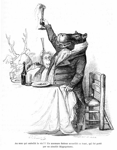 Incisione di Grandville, dal libro Vita privata e pubblica degli animali (Les animaux peints par eux-mêmes), edizione Hetzel 1867 - Ippopotamo mondano a tavola a un banchetto, che alza il bicchiere e fa un brindisi. Legenda: Sesso che abbellisce la vita! da Grandville (1803 47)