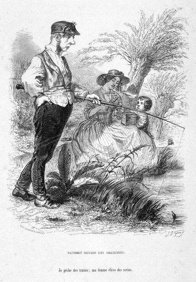 Jérôme Paturot rinuncia alle sue idee di grandezza, pescando mentre sua moglie si prende cura del loro bambino. Cartone animato in “Jérôme Paturot in cerca di una posizione sociale” di Louis Reybaud da Grandville
