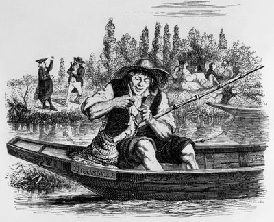 Favola di La Fontaine (di Jean de La Fontaine): Il piccolo pesce e il pescatore, incisione di J.J. Grandville, c. 1838-40 da Grandville (1803 47)