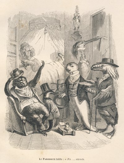 Il pigro sbadigliò mentre aspettava. Vignette illustrate da JJ Granville. Incisione firmata Godard nella parte intitolata "Gli animali medici" scritto da Pierre Bernard in "Scene della vita privata e pubblica degli animali". Parigi, J. Hetzel et Paulin da Grandville