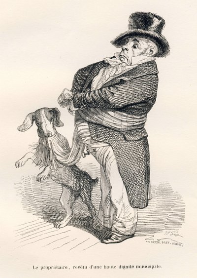 Il proprietario, rivestito di una alta dignità municipale. Vignette illustrate da JJ Granville. Incisione firmata Andrew, Best et Leloir nella parte intitolata "Un renard pris au piege" scritta da Charles Nodier in "Scenes de la vie privee et publique des  da Grandville