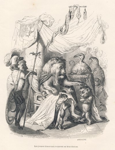 I giovani leoncini ricevono la benedizione del re leone. Vignette illustrate da JJ Granville. Incisione firmata Breviere nella parte intitolata "Viaggio di un leone d