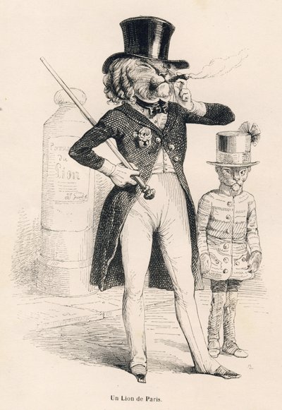 Leone di Parigi. Vignette illustrate da JJ Granville. Incisione firmata Andrew, Best e Leloir nella parte intitolata "Viaggio di un leone d