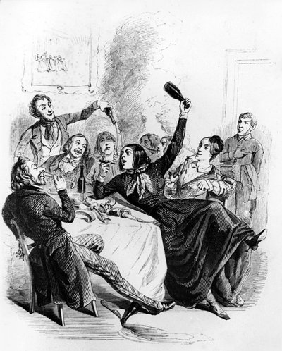 Pranzo di ragazzi dei due sessi: uomini e donne che bevono alcol e fumano, disegno di Jean Ignace Isidore alias JJ Grandville da Grandville (1803 47)