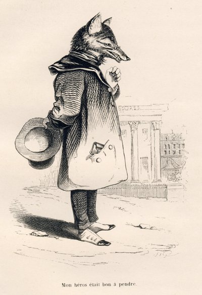 Il mio eroe era buono da prendere. Vignette illustrate da JJ Granville. Incisione firmata Godard nella parte intitolata "Un renard pris au piege" scritta da Charles Nodier in "Scenes de la vie privee et publique des animaux". Paris, J. Hetzel et Paulin da Grandville