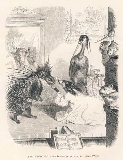 Opera con un porcospino, un cane e un airone sulla scena. Vignette illustrate da JJ Granville. Incisione firmata Godard nella parte intitolata "Il primo feuilleton di Pistolet" scritto da Jules Janin in "Scene della vita privata e pubblica degli animali" da Grandville