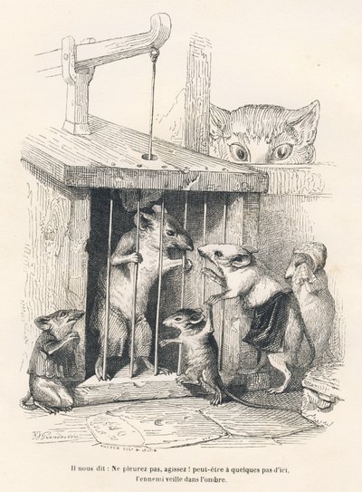 Trappola: Gatto che osserva i topi venuti a piangere quello che è stato fatto prigioniero. Vignette illustrate da JJ Granville. Incisione firmata Andrew, Best et Leloir nella parte intitolata "Le rat philosophe" scritta da Edouard Lemoine in "Scenes de la  da Grandville