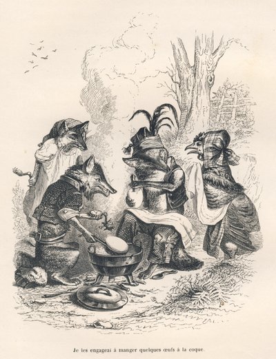 Volpi che mangiano uova alla coque davanti a una gallina in lacrime. Vignette illustrate da JJ Granville. Incisione firmata Godard nella parte intitolata "Un renard pris au piège" scritto da Charles Nodier in "Scènes de la vie privée et publique des animau da Grandville
