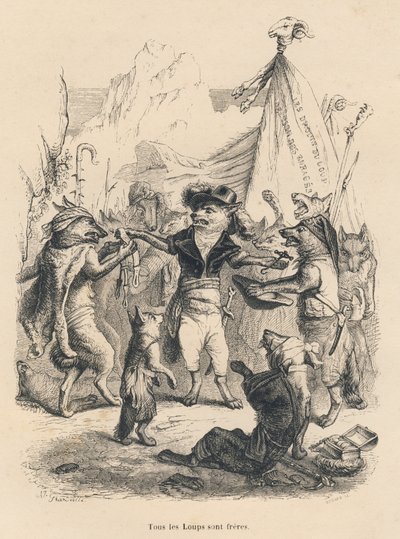 Rivoluzione dei lupi e libertà e diritto del lupo. Vignette illustrate da JJ Granville. Incisione firmata Godard nella parte intitolata "Voyage d