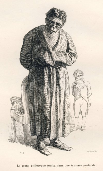 Scimmia filosofo. Vignette illustrate da JJ Granville. Incisione firmata Breviere nella parte intitolata "Guida-asino per gli animali che vogliono raggiungere gli onori" scritto da Honoré De Balzac in "Scene della vita privata e pubblica degli animali" da Grandville