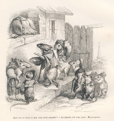 Topo che fa la carità a un maiale. Vignette illustrate da JJ Granville. Incisione firmata Andrew, Best e Leloir nella parte intitolata "Il topo filosofo" scritto da Edouard Lemoine in "Scene della vita privata e pubblica degli animali". Parigi, J. Hetz da Grandville
