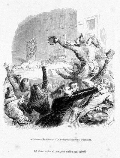I Romani hanno la prima rappresentazione di Hernani di Victor Hugo (1830). Cartone in 