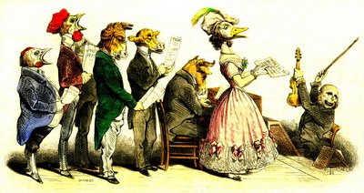 Il concerto vocale - Corale: cantanti con testa di animali con direttore di coro rappresentato come scimmia - litografia di Grandville (Jean Ignace Isidore Gerard 1808-1847) dal libro "Les Metamorphoses du Jour" 1828 da Grandville (1803 47)