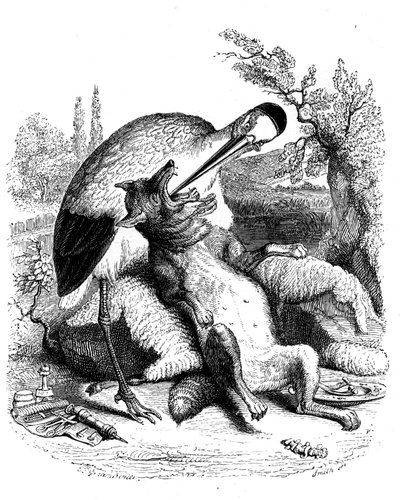 Il lupo e la cicogna: favola di La Fontaine illustrata da Grandville. Edizione Garnier 1860. La cicogna è rappresentata come un medico (ricompense sbagliate per la sua devozione!) da Grandville (1803 47)