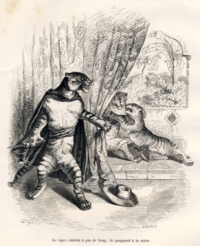 Tigre che entra in scena con il pugnale in mano. Vignette illustrate da JJ Granville. Incisione firmata Godard nella parte intitolata "Le premier feuilleton de Pistolet" scritta da Jules Janin in "Scenes de la vie privee et publique des animaux". Paris, J. da Grandville