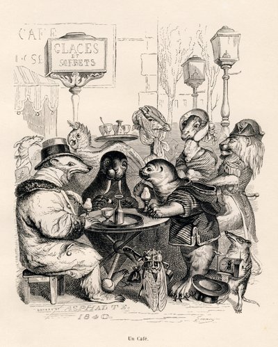 Un caffè frequentato da animali di ogni genere. Vignette illustrate da JJ Granville. Incisione firmata Godard nella parte intitolata "Voyage d