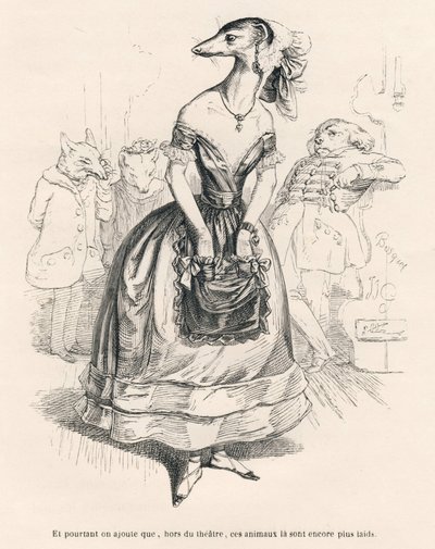 ... fuori dal teatro, questi animali sono ancora più brutti. Vignette illustrate da JJ Granville. Incisione firmata Godard nella parte intitolata "Il primo feuilleton di Pistolet" scritto da Jules Janin in "Scene della vita privata e pubblica degli animali da Grandville