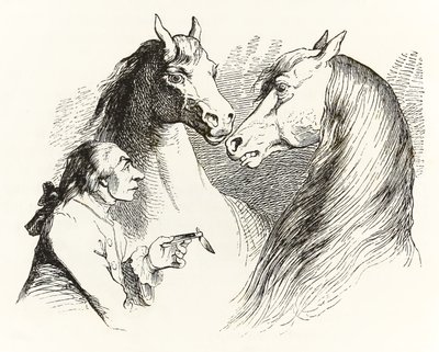 Gulliver conversa con cavalli parlanti nella Terra degli Houyhnhnms, dai Viaggi di Gulliver di Jonathan Swift da Grandville