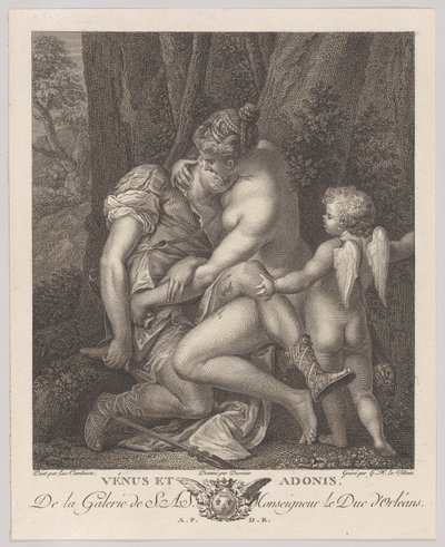 Venere piange Adone, seduta sotto un albero e abbracciandolo, con Cupido a destra da Gérard René Le Vilain