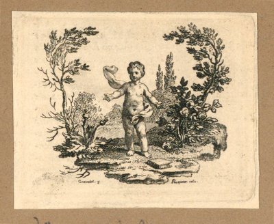 Un ragazzo in piedi tra una pianta di cardo e un cespuglio di rose da Gravelot