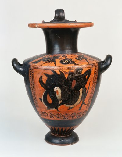 Idria a figure nere attica raffigurante Atena ed Eracle in combattimento, e sotto, Eracle che lotta con Nereo, c.520 a.C. da Greek