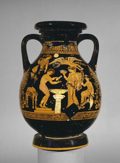 Pelike apula a figure rosse decorata con una scena di una sposa alla sua toilette, il Gruppo Suckling, trovata a Basilicata, c.375-350 a.C. da Greek