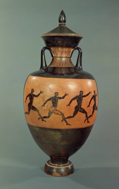 Anfora panatenaica a figure nere attiche decorata con uomini in corsa, 375-370 a.C. da Greek