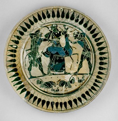Piatto a figure nere attiche decorato con una scena di Eracle e Apollo che combattono per un cervo e separati da Artemide, nello stile di Lydos, dalla Grecia, c.560 a.C. da Greek