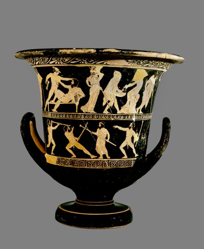 Cratere a calice a figure rosse attiche decorato con scene delle avventure di Teseo, del Pittore di Dinos, c.425 a.C. da Greek