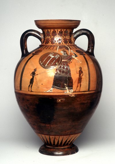Vaso a figure nere raffigurante Atena che brandisce uno scudo e una lancia, 550 a.C. (ceramica) da Greek