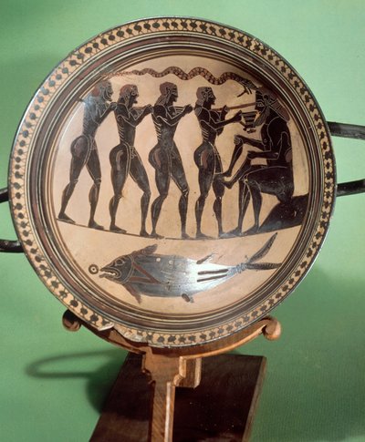 Coppa che mostra Ulisse che acceca Polifemo, ceramica a figure nere, Civiltà greca, VI secolo a.C. da Greek