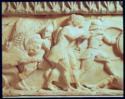 (dettaglio) del fregio nord del Tesoro di Siphnian che raffigura dei combattimenti tra dei e giganti, c.525 a.C. da Greek