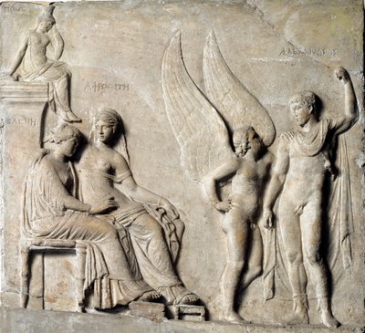 Arte greca: Il principe di Sparta Paride seduce Elena di Troia, è rappresentata Afrodite. Rilievo in marmo da un originale greco. I secolo a.C. Museo Archeologico Nazionale, Napoli da Greek