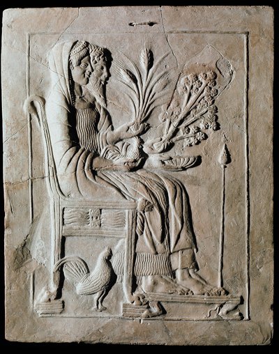 Arte greca: tavoletta votiva in terracotta di Persefone sul trono e Ade da Locri. 470 a.C. Reggio Calabria, Museo Nazionale da Greek