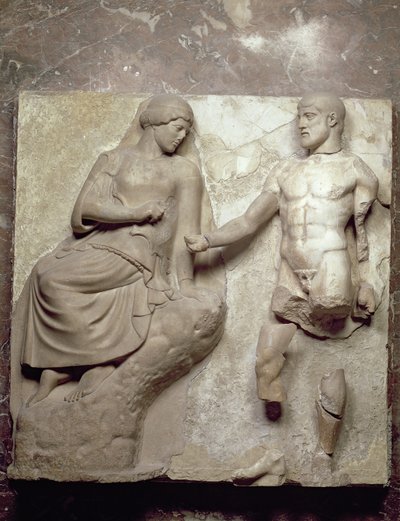 Ercole e Minerva, una delle metope che raffigurano le Fatiche di Ercole dal Tempio di Zeus a Olimpia, Periodo Classico Antico, c.470-457 a.C. da Greek