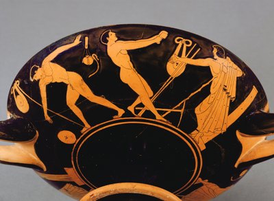 Coppa Kylix raffigurante atleti e simposiasti, c.480 a.C. da Greek