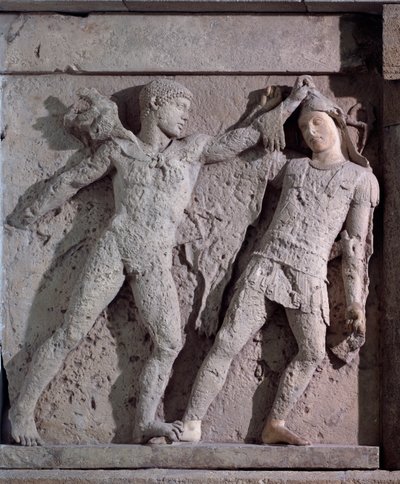 Magna Grecia: metopa con Eracle e Amazzone, rilievo in pietra, V secolo a.C. da Greek