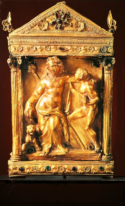 Naiskos con Dioniso ubriaco e satiro, piccolo tempio in stile ellenistico con granati e smeraldi da Tessaglia, II secolo a.C. (oro) da Greek