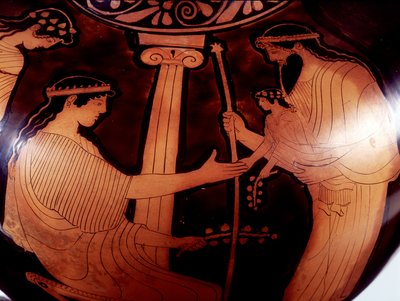 Dipinto su vaso: Giove (Zeus) presenta il giovane Dioniso (Bacco) a due donne. 480 a.C. BNF, Ufficio delle Medaglie da Greek